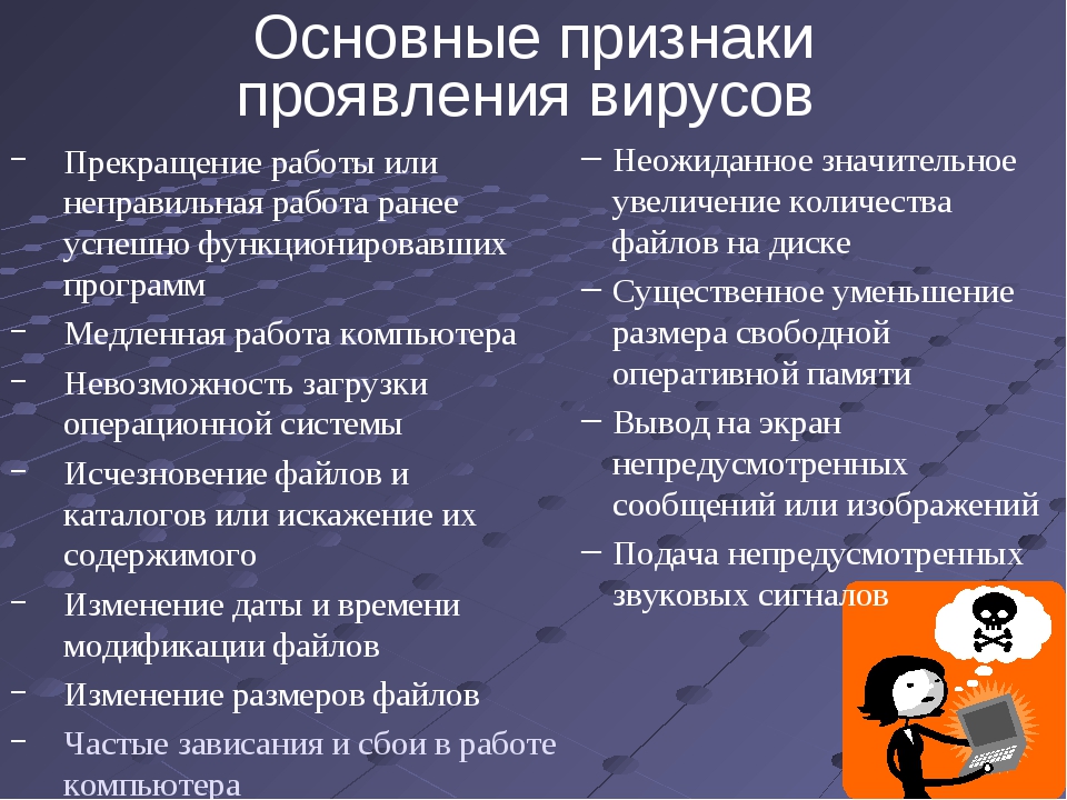 Какие признаки проявляются. Основные признаки появления вирусов. Основные признаки проявления компьютерных вирусов. Перечислите основные признаки проявления вирусов. Признаки проявления вирусов на компьютере.