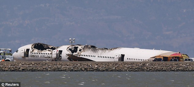Wreckage: Fire damage can be seen on the the plane, which lost its tail after hitting the seawall
