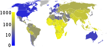 World map with sub-Saharan Africa in various shades of yellow, marking prevalences above 300 per 100,000 people, and with the U.S., Canada, Australia, and northern Europe in shades of deep blue, marking prevalence around 10 per 100,000 people. Asia is yellow but not quite so bright, marking prevalence around 200 per 100,000 range. South America is a darker yellow.